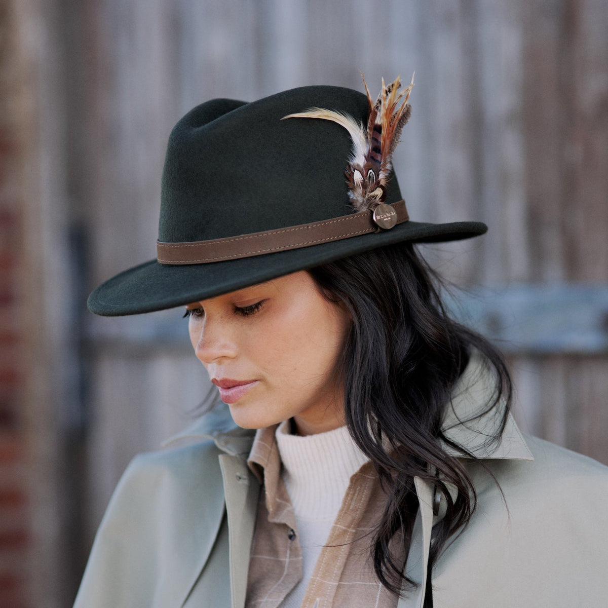 Rag and bone  Wide Brim olive hat with feather hat Olive Green Suffolk Fedora, Bronze Feather - Hicks & Brown main image 2