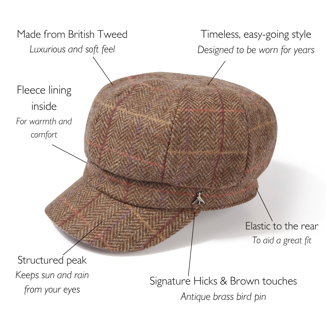 Hicks & Brown The Higham Tweed Ladies Baker Boy Cap in Chestnut