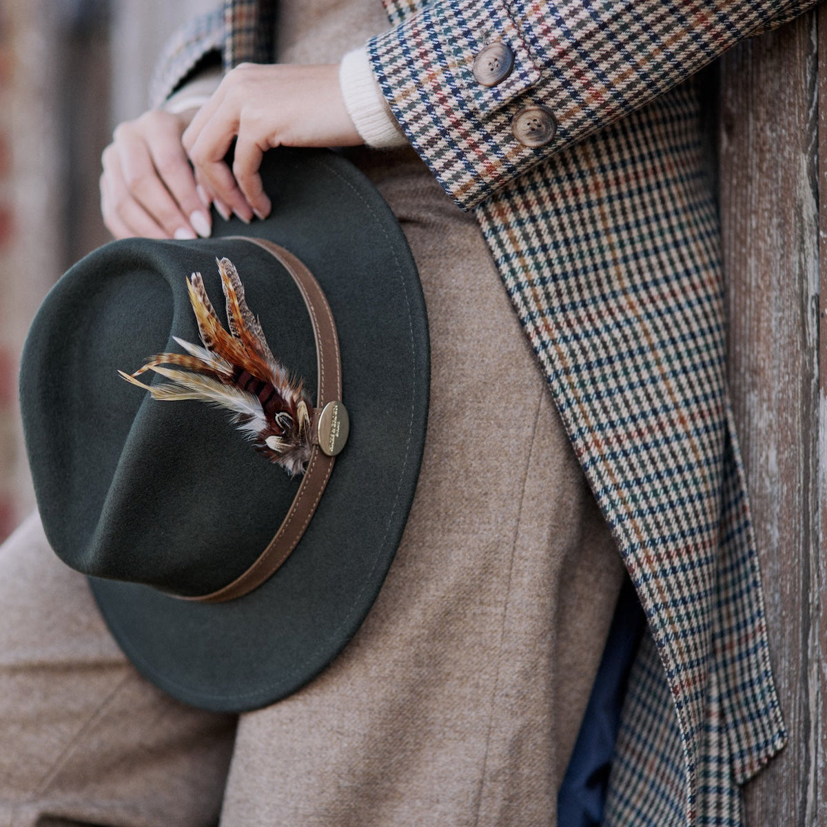Blue and Tan Plaid Tweed Fedora with Flower Accent Navy Blue Fedora for Dapper Suits - Suits & More main image 2
