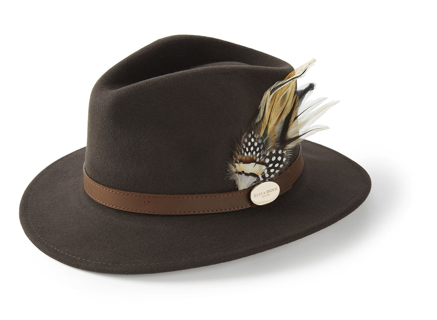 Hicks & Brown Fedora The Suffolk Fedora in Dark Brown (Guinea and Pheasant Feather)