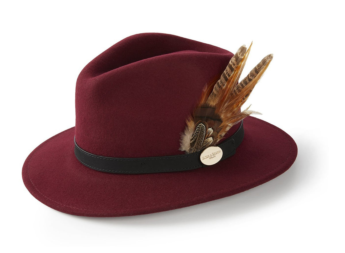 Maroon Red Suffolk Fedora, Bronze Feather - Hicks & Brown