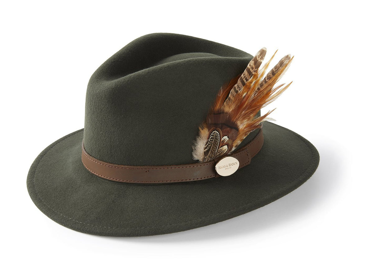 Classic Wide-Brim Olive Felt Fedora with Peacock Feather Accent PEACOCK FEATHERS Standard Brim Straw HAT, Unisex Wooden Oak  main image 4