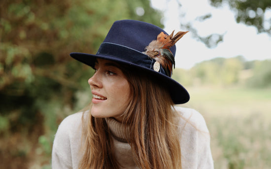 Hicks & Brown The Chelsworth Fedora in Navy (Coque & Pheasant Feather)