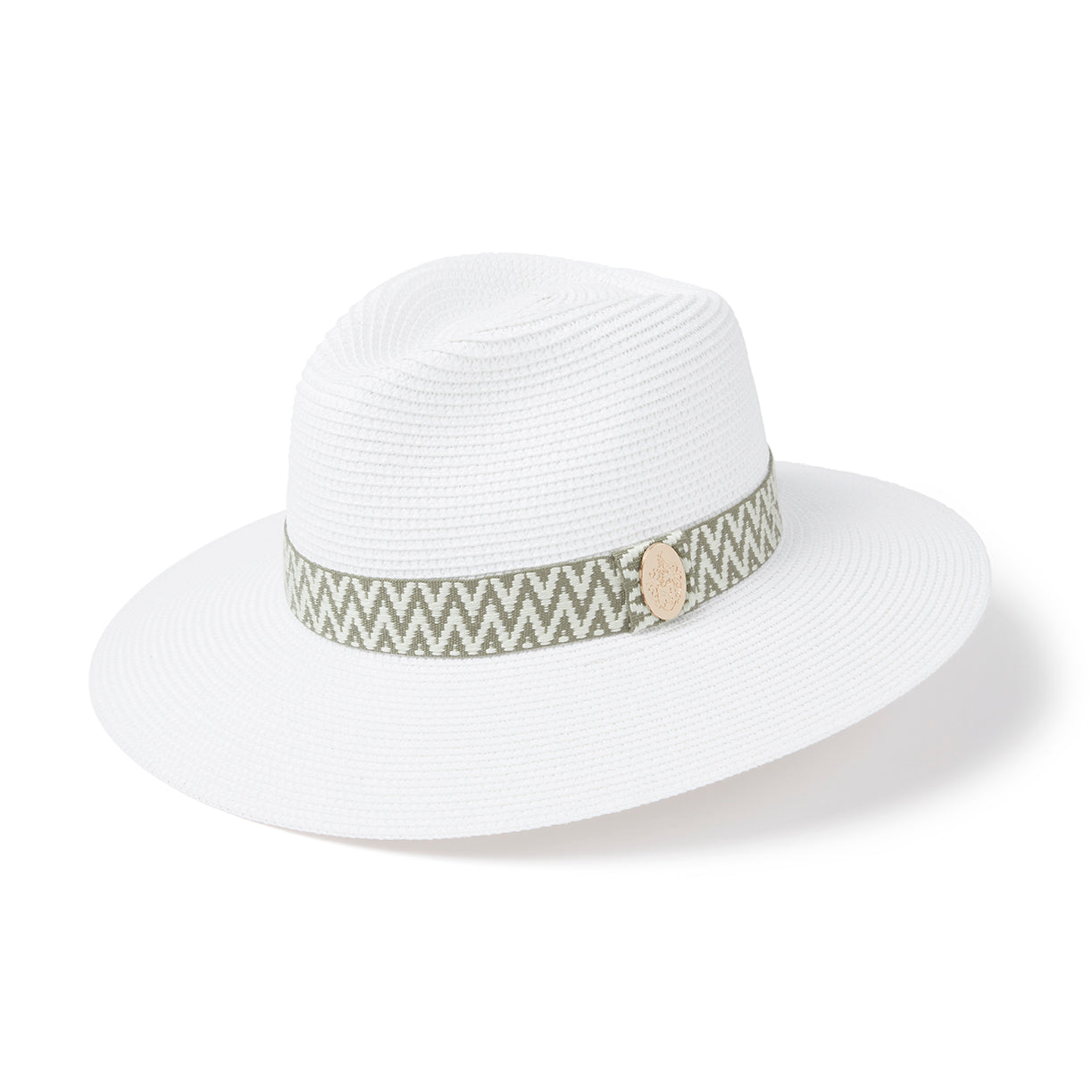 The Hemley Fedora in White (Khaki Aztec Ribbon)