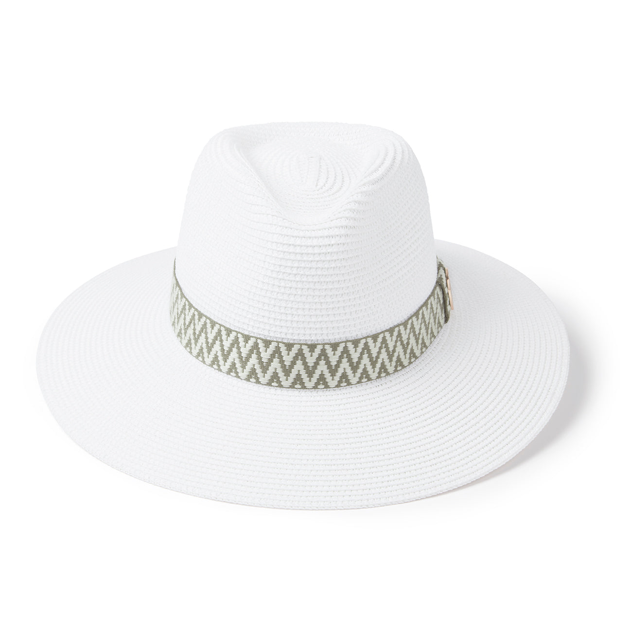 The Hemley Fedora in White (Khaki Aztec Ribbon)