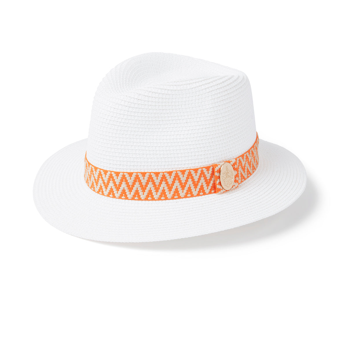The Orford Fedora in White (Clementine Aztec Ribbon)