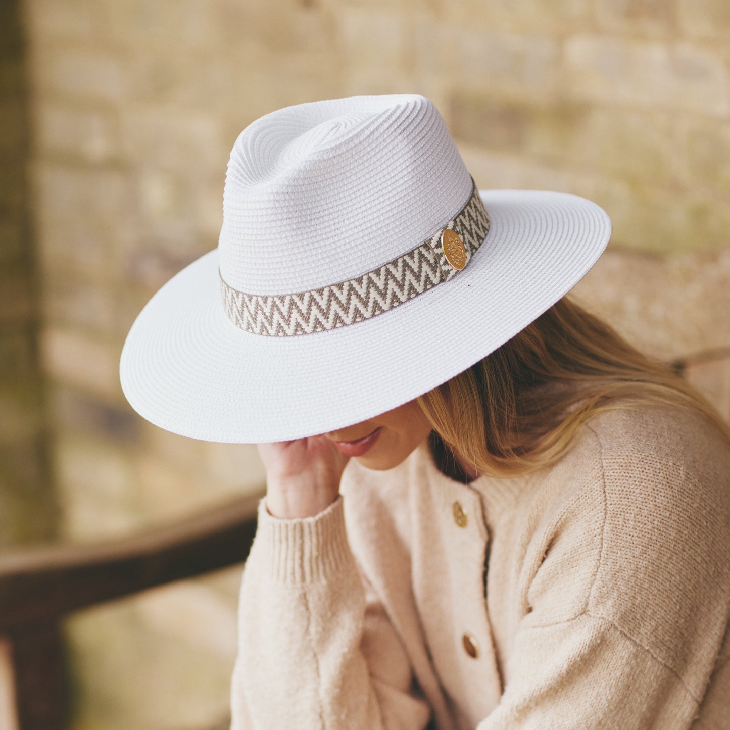 The Hemley Fedora in White (Khaki Aztec Ribbon)