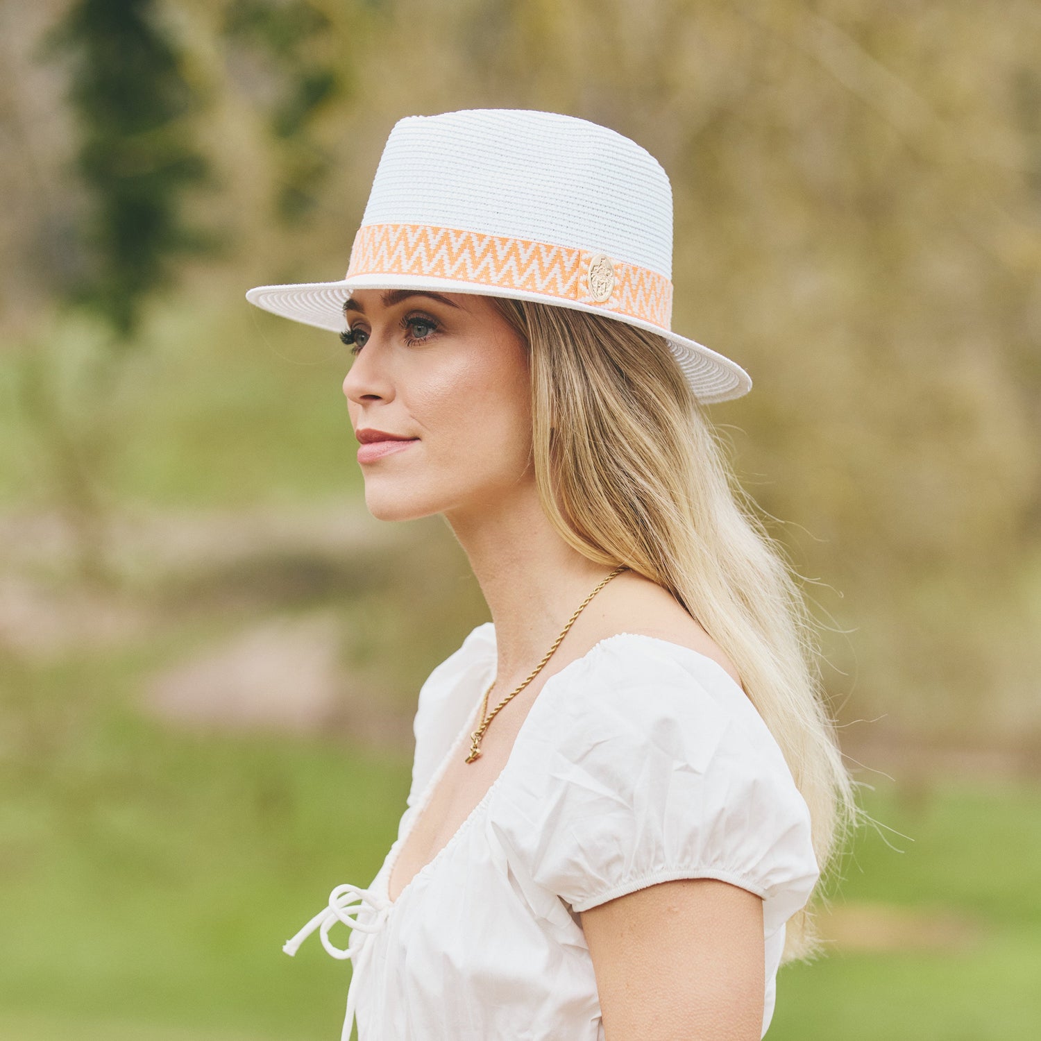 The Orford Fedora in White (Clementine Aztec Ribbon)