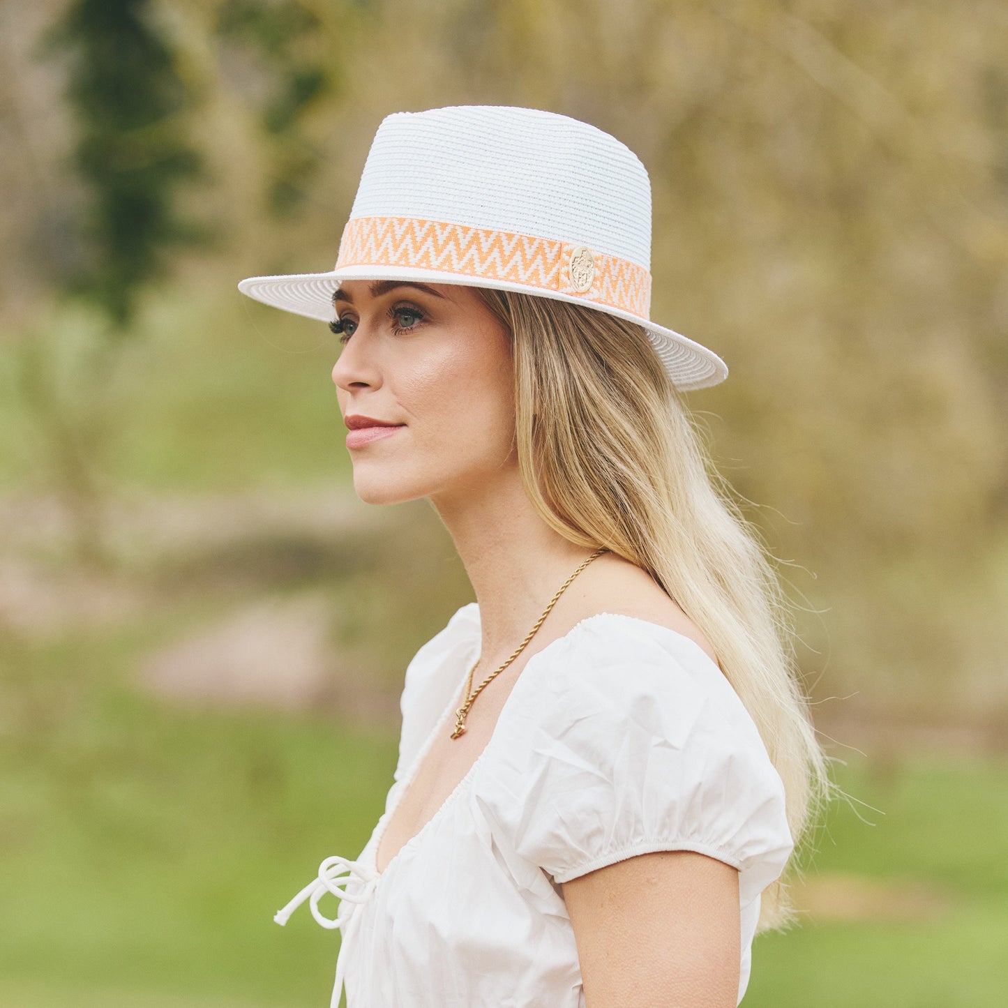 The Orford Fedora in White (Clementine Aztec Ribbon)