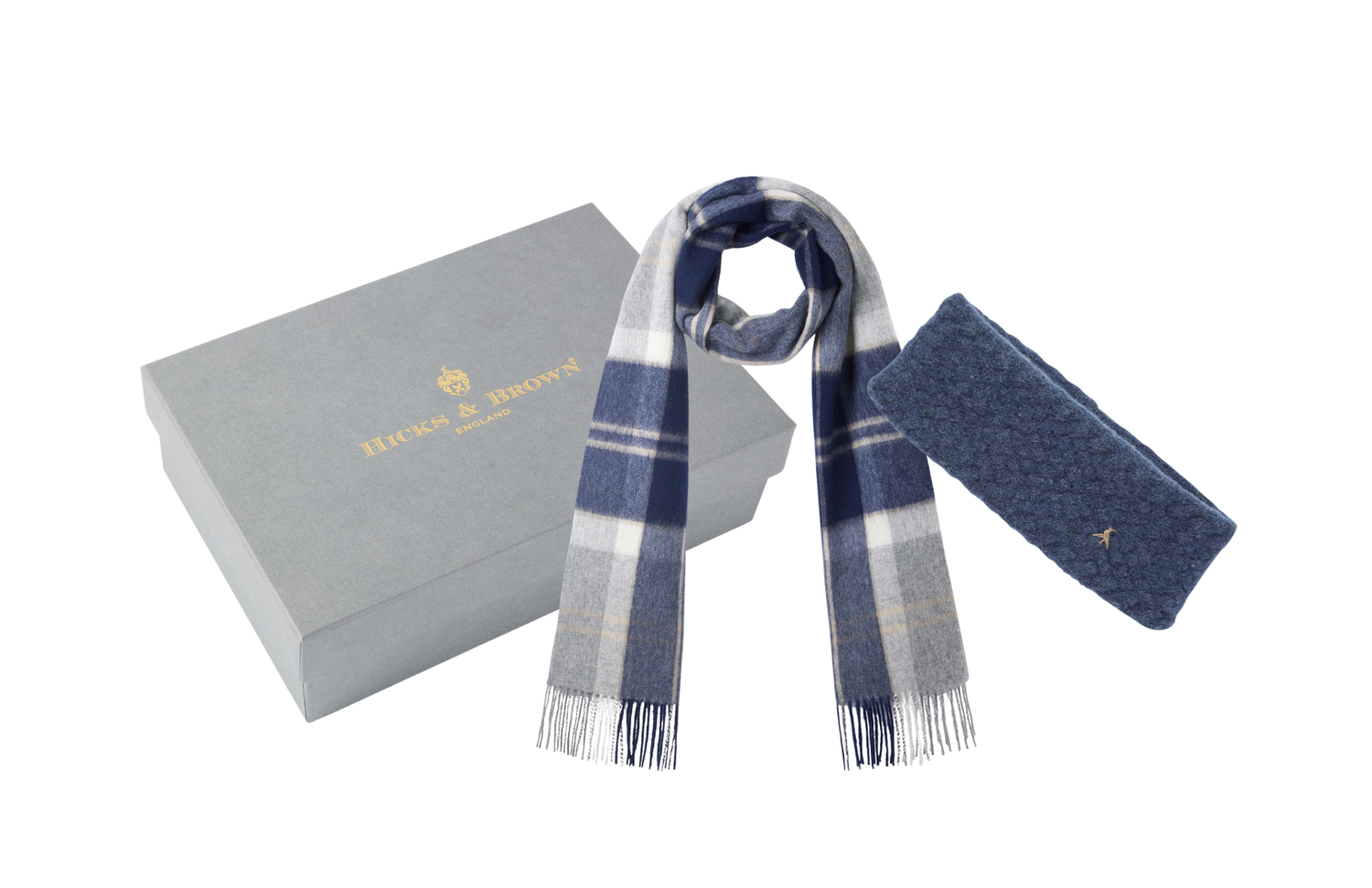 The Ashby Scarf and Bircham Head Warmer in Grey/Blue Gift Set