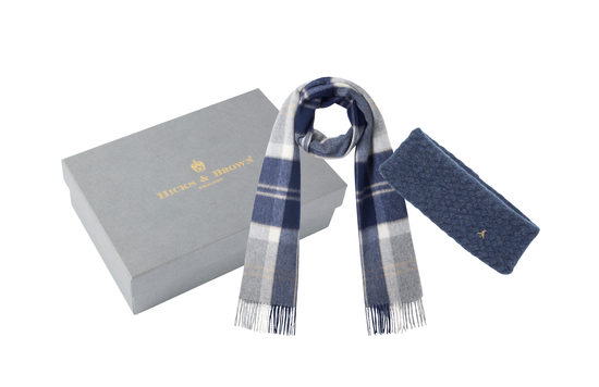 The Ashby Scarf and Bircham Head Warmer in Grey/Blue Gift Set