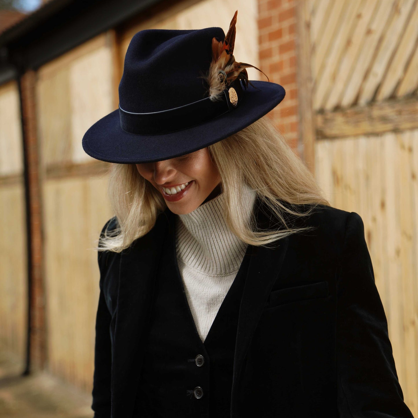 Hicks & Brown The Chelsworth Fedora in Navy (Bronze Luxe Feather)