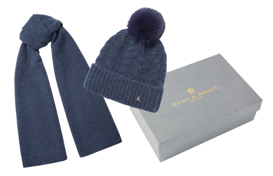 Load image into Gallery viewer, Hicks &amp;amp; Brown The Langham Beanie and Burwell Scarf Gift Set in Airforce Blue

