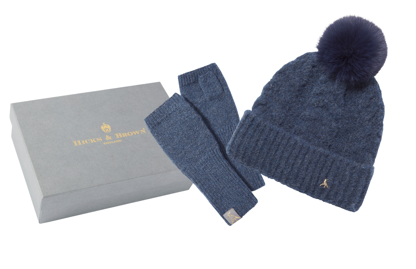 Load image into Gallery viewer, Hicks &amp;amp; Brown The Langham Beanie and Kersey Wrist Warmers in Airforce Blue
