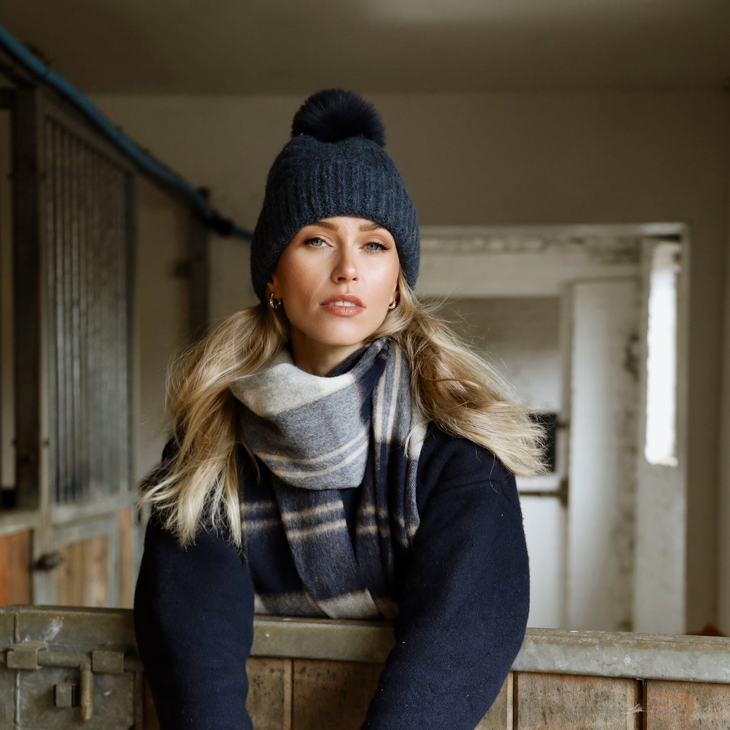 Hicks & Brown The Langham Pom Beanie in Airforce Blue