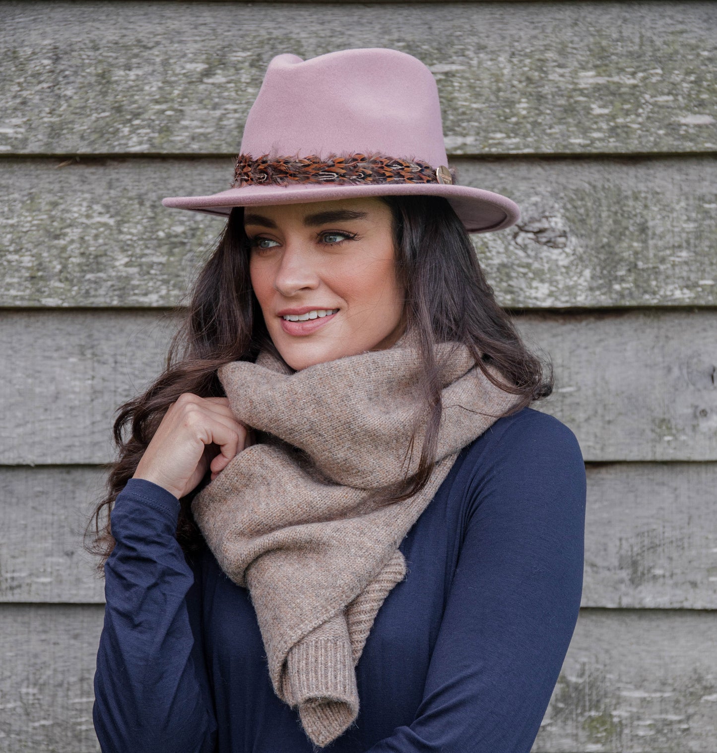 Load image into Gallery viewer, Hicks &amp;amp; Brown The Suffolk Fedora in Dusky Pink (Pheasant Feather Wrap)
