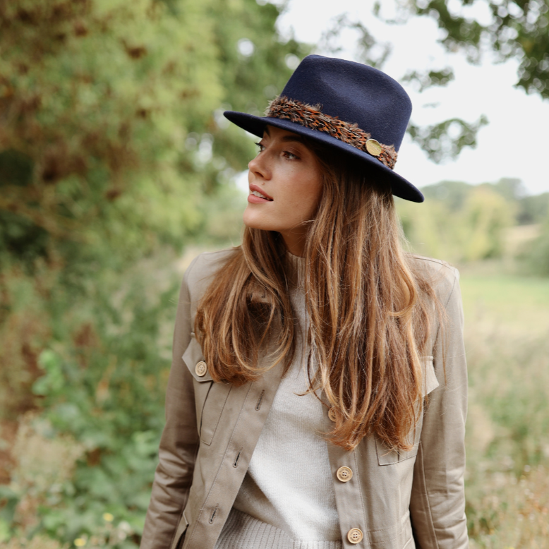 Hicks & Brown The Suffolk Fedora in Navy (Pheasant Feather Wrap)