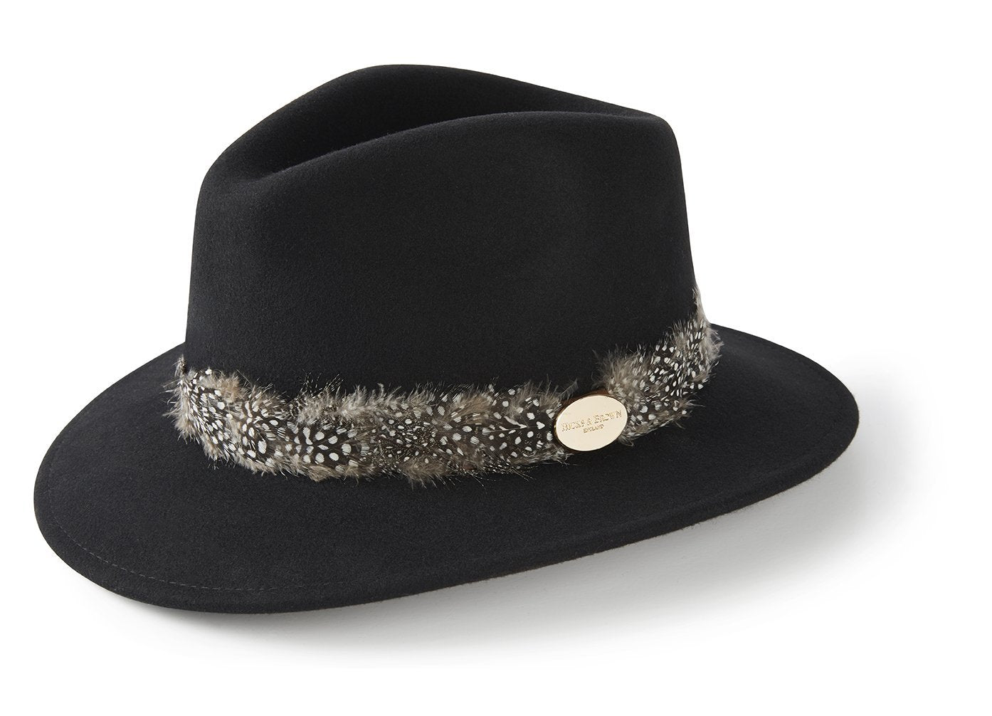 Hicks & Brown Fedora The Suffolk Fedora in Black (Guinea Feather Wrap)