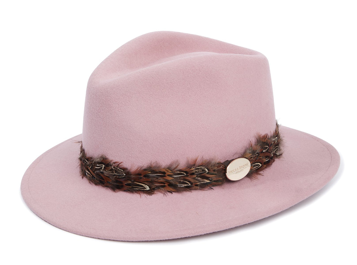 Hicks & Brown Fedora The Suffolk Fedora in Dusky Pink (Pheasant Feather Wrap)