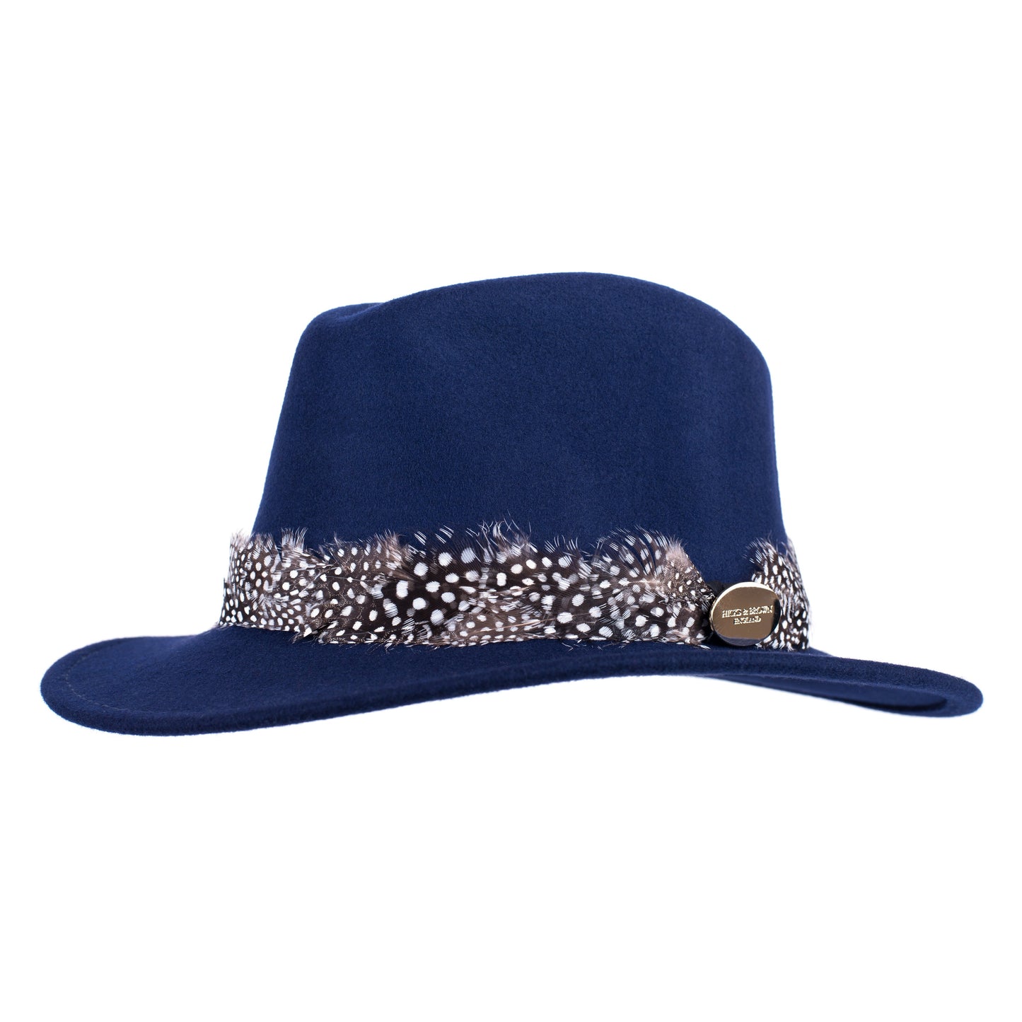 Load image into Gallery viewer, Hicks &amp;amp; Brown Fedora The Suffolk Fedora in Navy (Guinea Feather Wrap)
