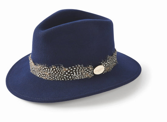Load image into Gallery viewer, Hicks &amp;amp; Brown Fedora The Suffolk Fedora in Navy (Guinea Feather Wrap)
