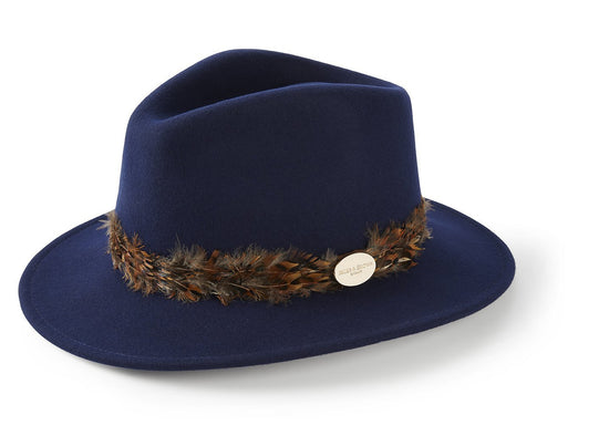 Load image into Gallery viewer, Hicks &amp;amp; Brown Fedora The Suffolk Fedora in Navy (Pheasant Feather Wrap)
