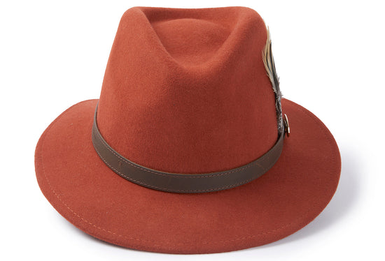 Hicks & Brown The Suffolk Fedora in Cinnamon (Guinea and Pheasant Feather)